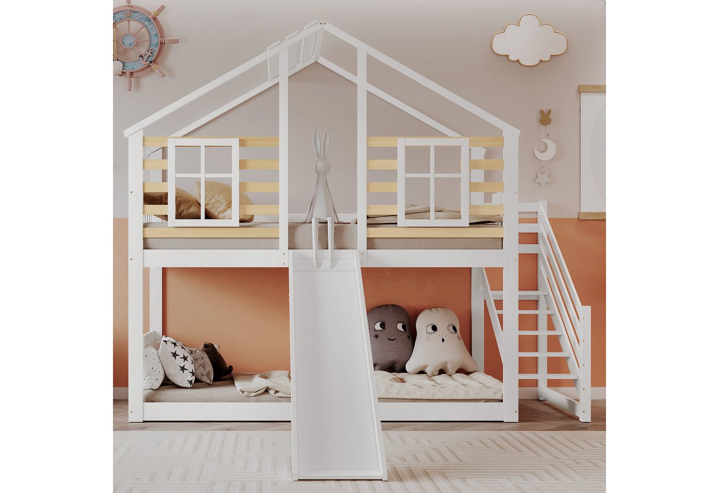 Celya Kinderbett Etagenbett mit Treppe und Gitter, Kinderbett 90x200cm, mit Rutsche und Fenster von Celya