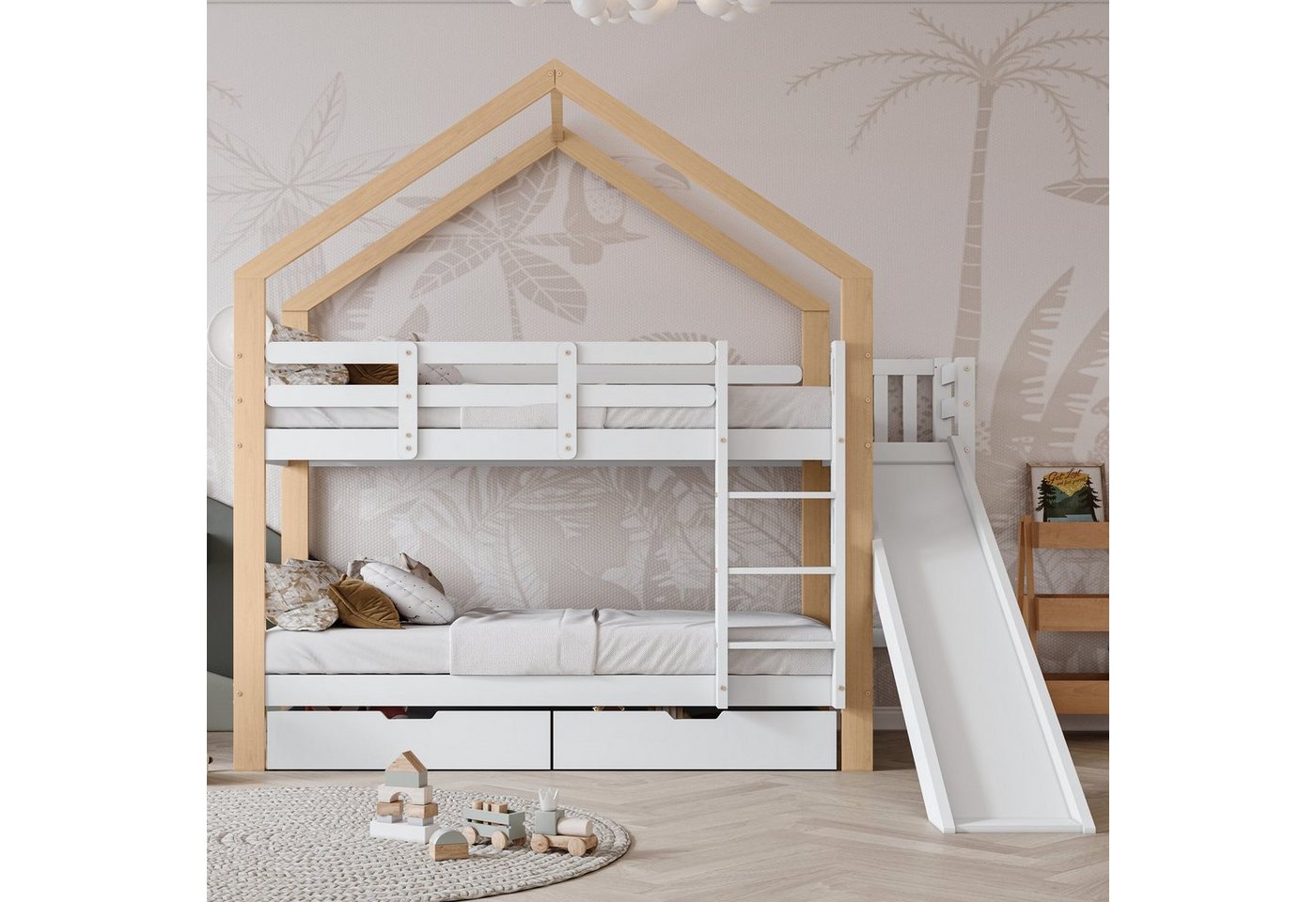 Celya Kinderbett Hausbett mit Rutsche und 2 Schubladen,Kinderbett 90x200cm, Bettrahmen aus Massivholz, Etagenbett mit Rutsche, Weiß+Natur von Celya