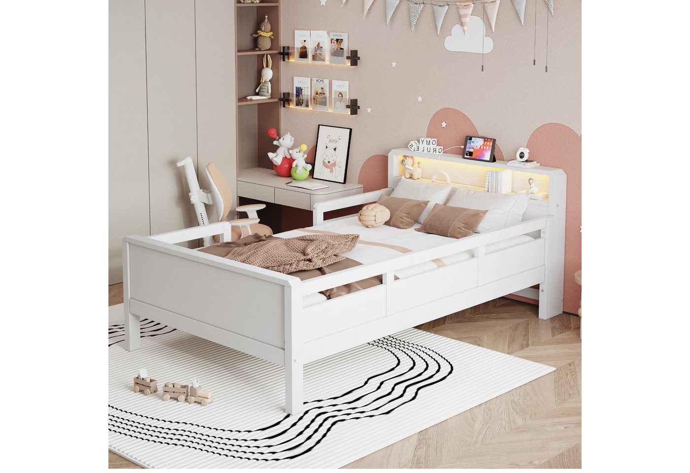 Celya Kinderbett Holzbett 90 x 200 cm, USB- und Tape-C-Kombi-Steckdose (Kinderbett, Einzelbett, Multifunktionsbett,Kiefernholz, weiß), kleine LED-Leuchte, Kopfteil mit Ablagefunktion von Celya