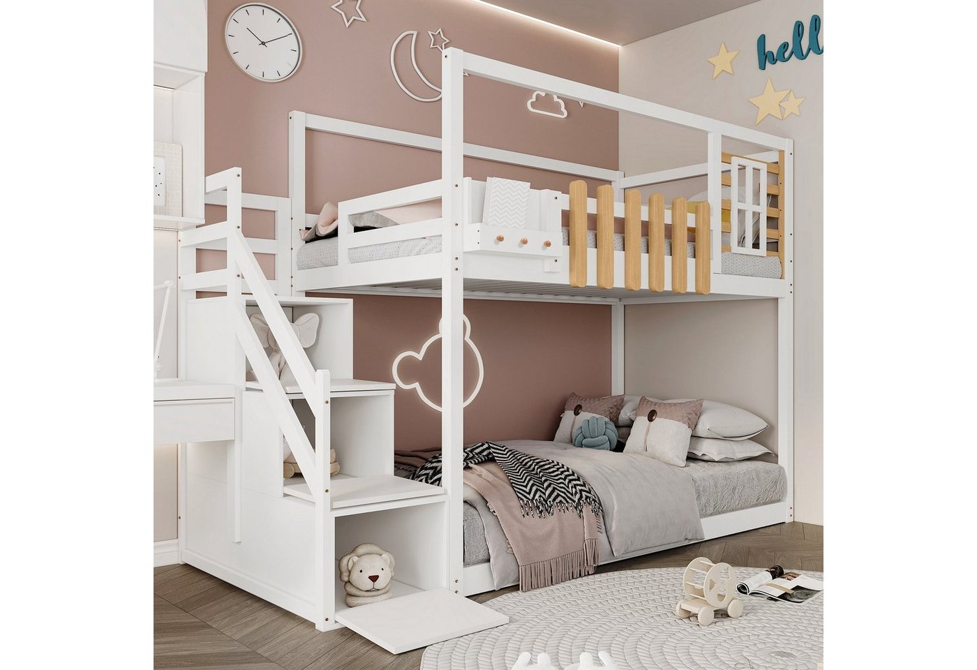 Celya Kinderbett Kinderbett mit 3 Schließfächer,Etagenbett mit Treppe,90x200cm, Weiß, 90x200cm, Schließfächer in der Treppe, mit Fallschutzgitter von Celya
