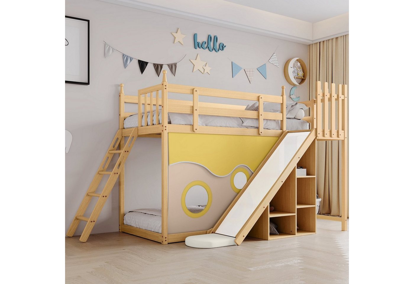 Celya Kinderbett Kinderbett mit Fallschutz Etagenbett, Holzbett mit Treppe,90x200cm, mit Bettvorhang, Rutsche und Regal, Rahmen aus Kiefer, 264x139x161m, Natur von Celya