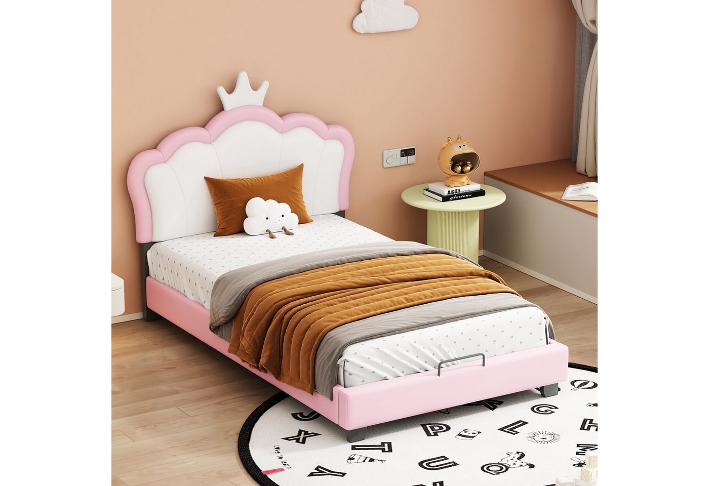 Celya Kinderbett Mädchen Bett, Kronenform, mit flachem Nudelfuß und Rückenlehne, rosa, Nettes und einzigartiges Design, Ohne Matratze, 90×200cm von Celya