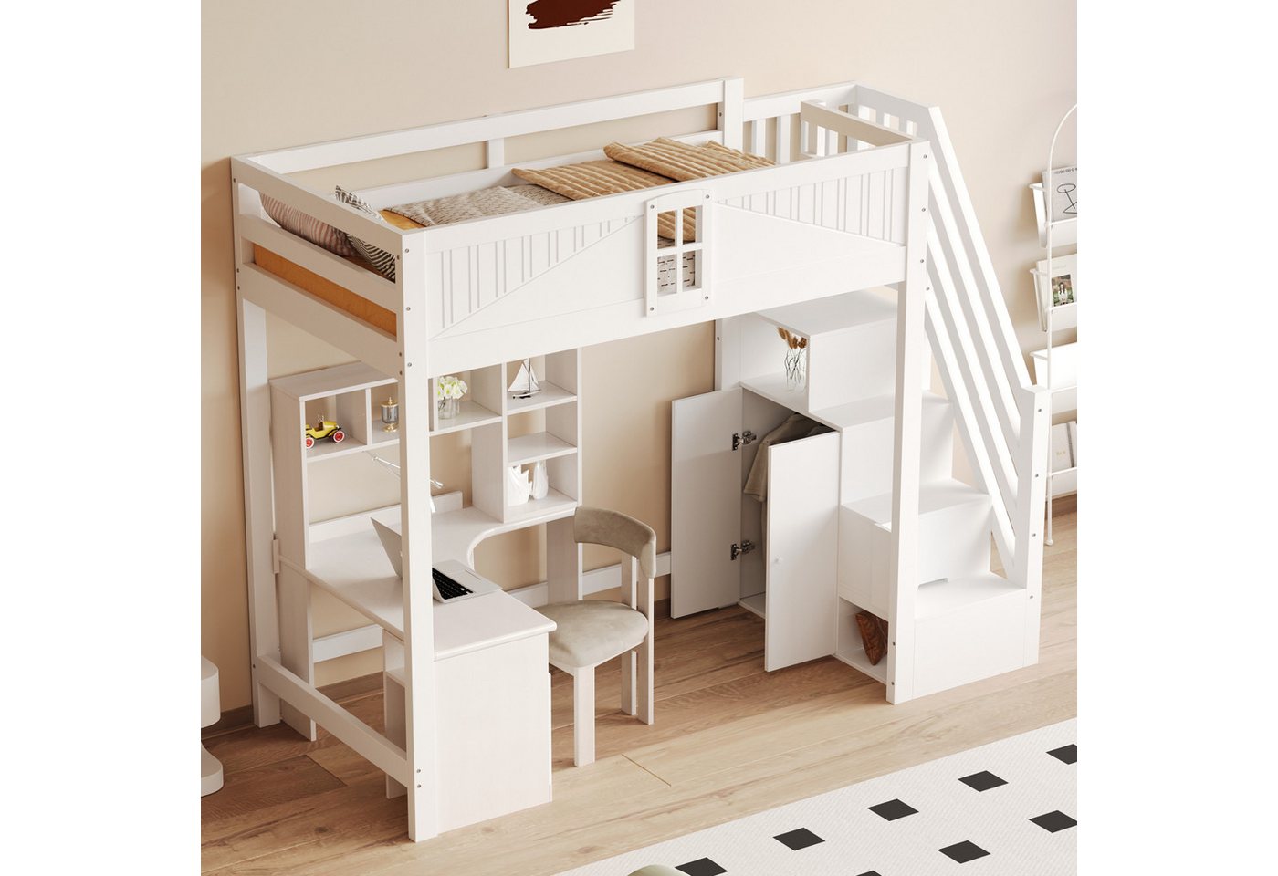 Celya Kinderbett Massivholz-Hochbett 90 x 200 cm, Einzigartige Sicherheitstür (Rechts Austauschbar, Multifunktionsbett, Weiß), mit Fenster, Seitliche Ablage-Sicherheitsleiter Links von Celya