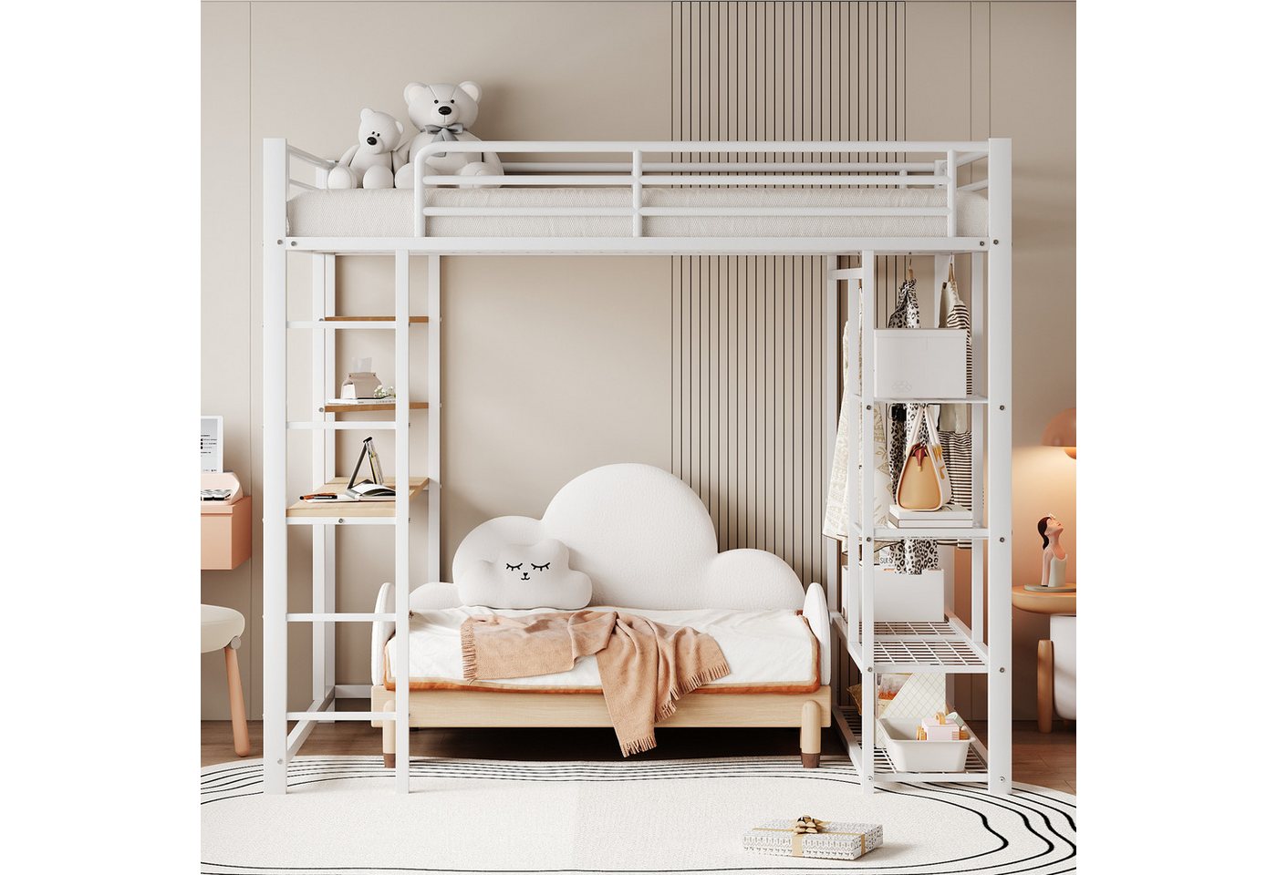 Celya Kinderbett Metall-Hochbett mit Leiter 140*200 cm (Ohne Matratze), Juniorbett Doppelbett mit Tisch mit einfachen Kleiderbügeln von Celya