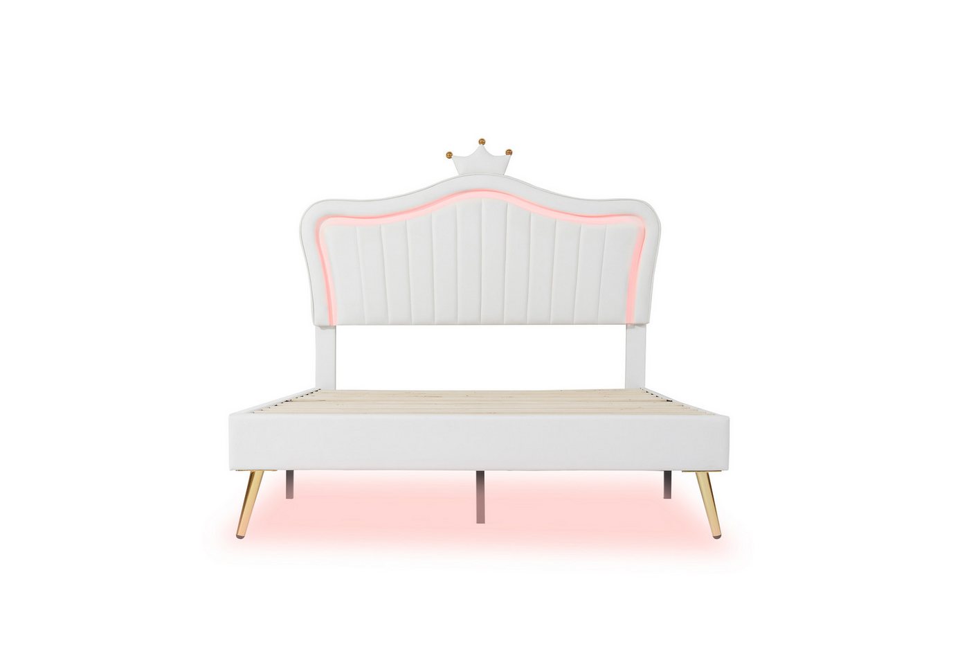 Celya Kinderbett Polsterbett 140x200cm Bettgestell für Mädchen, mit LED-Leuchten, Lattenrost und Rückenlehnex Kronen-Doppelbettgestell Celya Kinderbett Polsterbett 140x200cm Bettgestell für Mädchen, mit LED-Leuchten, Lattenrost und Rückenlehnex Kronen-Doppelbettgestell von Celya