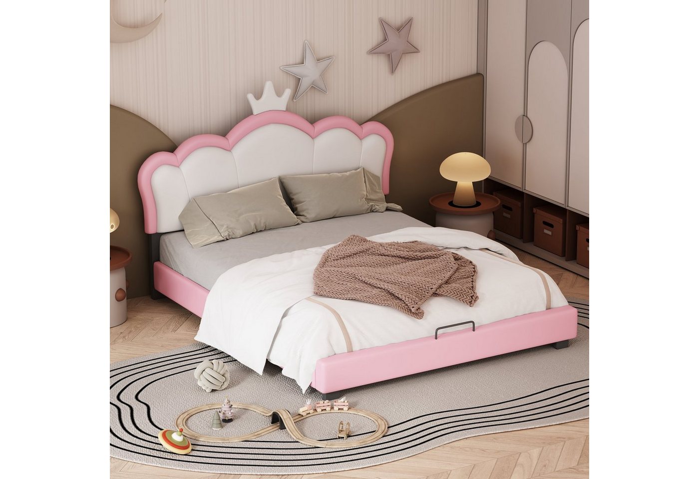Celya Kinderbett Polsterbett Bettgestell 140x200cm mit Lattenrosten und Rückenlehne, Mädchenbett mit Kronenformung, rosa, Matratze nicht enthaltet von Celya