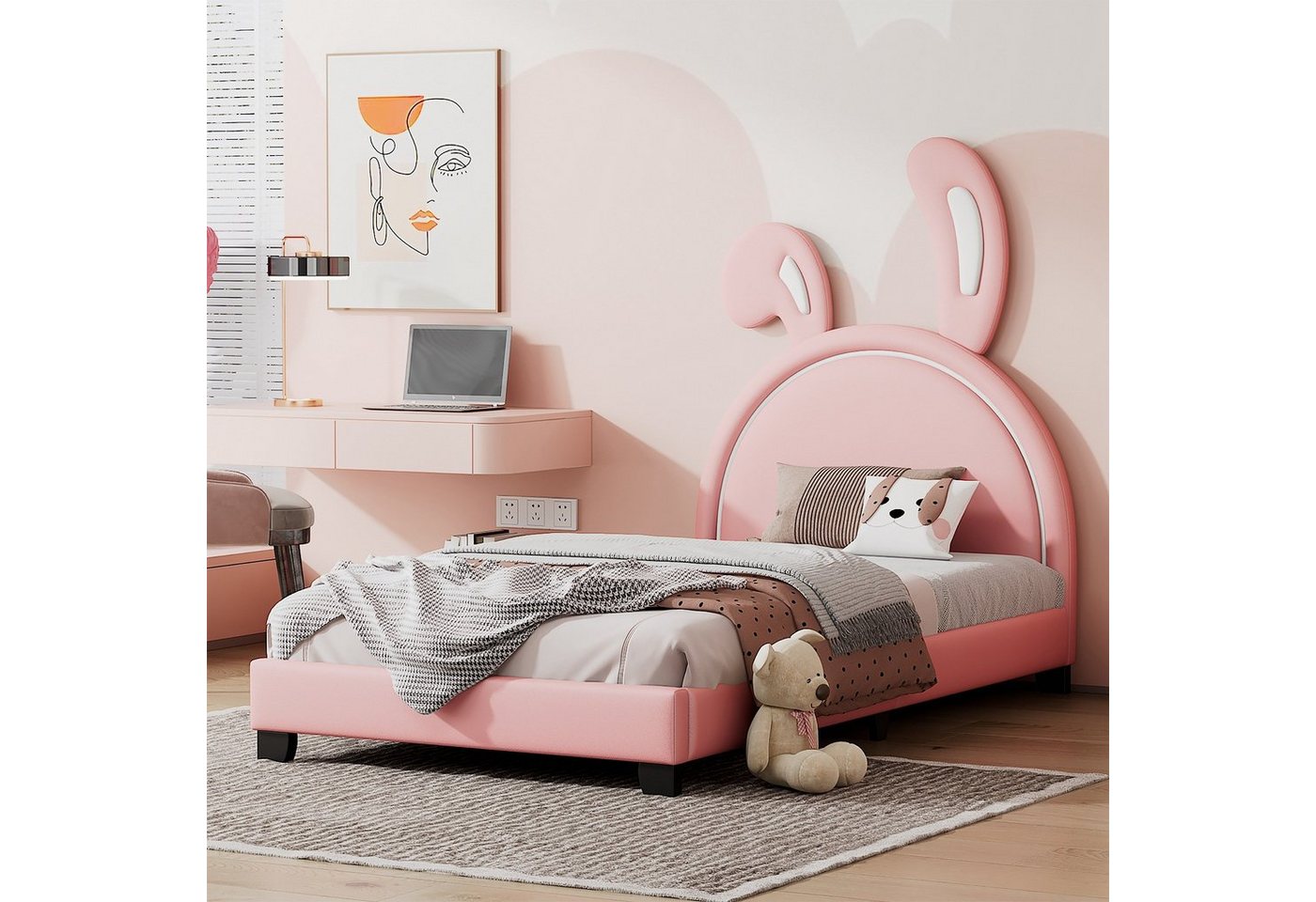 Celya Kinderbett Polsterbett Kinderbett 90 × 200cm, Hasenohrform Bett,rosa, Kann 120 Kilogramm tragen, Höhere Bettbeine, Atmungsaktiv und komfortabel, weiß von Celya