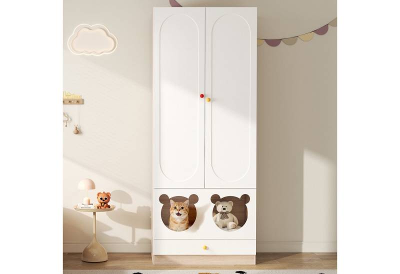 Celya Kinderkleiderschrank Kinderkleiderschrank mit Bügelstange (80×50×200cm, für Schlafzimmer geeignet, bunte Keramikgriffen, Weiß + Naturholzfarbe) mit Katzenbett, Lackierte Platten + Spanplatte von Celya