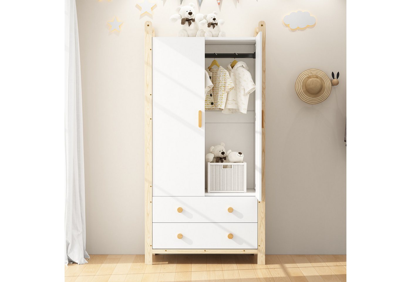 Celya Kleiderschrank 2-türiger Kleiderschrank, Kleiderschrank mit Kleiderstange (90×45×180 cm, für Schlafzimmer, Wohnzimmer, Flurgarderobe geeignet) 2 Schubladen, aus Spanplatte, weißer Körper + Kieferrahmen von Celya