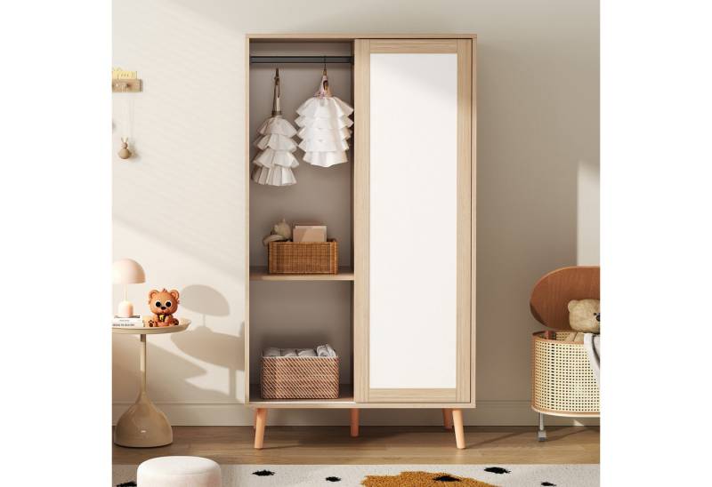 Celya Kleiderschrank Kinderkleiderschrank, Schiebetürenschrank mit Kleiderstange (80×46×141,5cm) Spanplattenmaterial, Vollholz-Standfüße, weiß+natürliches Holz von Celya