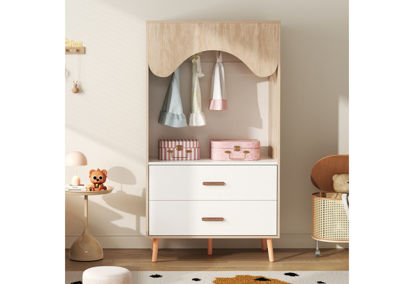 Celya Kleiderschrank Kinderkleiderschrank, Schiebetürenschrank mit Kleiderstange (weiß+natürliches Holz, 80×46×141,5cm, offener Kleiderschrank, Vollholzgriffen, aus Spanplatte) Kleiderschrank mit Kleiderstange, mit Schubladen von Celya