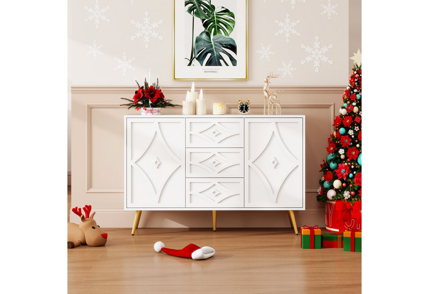 Celya Kommode Elegante Schrank mit Rautenmuster (für Wohnzimmer, Flur oder Schlafzimmer, 120×40×80 cm, Modernes Design), Weißes Sideboard mit 3 Schubladen & 2 Türen, Goldfüße von Celya