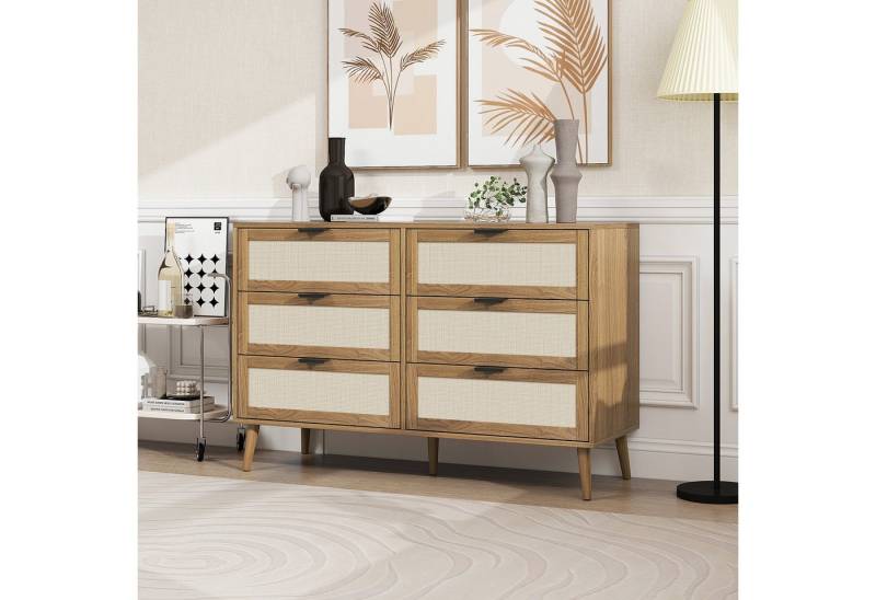 Celya Kommode Kommode in Walnussfarbe mit Rattangeflecht und sechs Schubladen (geeignet für Schlafzimmer, Wohnzimmer, Arbeitszimmer und andere Räume), Länge 118,5 cm, Kiefernholz-Füße von Celya