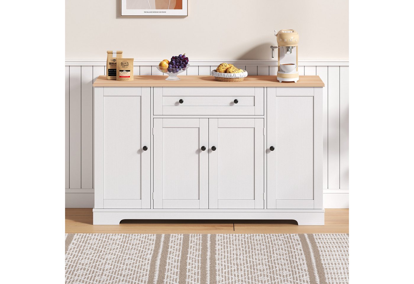 Celya Küchenbuffet Multifunktionales Küchenbuffet, 138 cm Sideboard mit Schublade (Modernes Design mit Kippschutz, ideal für Küche, Wohnzimmer & Schlafzimmer) Regaltüren & verstellbaren Einlegeböden von Celya