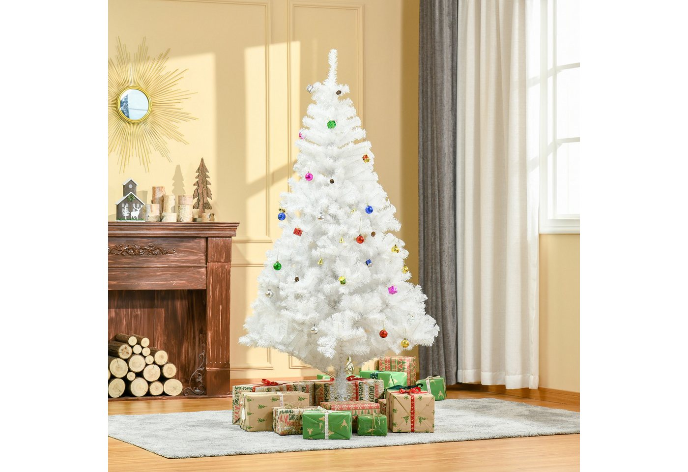 Celya Künstlicher Weihnachtsbaum künstlicher Christbaum 180cm mit Ständer und Dekor in Weiß, 105 x 180 cm (BxH) von Celya