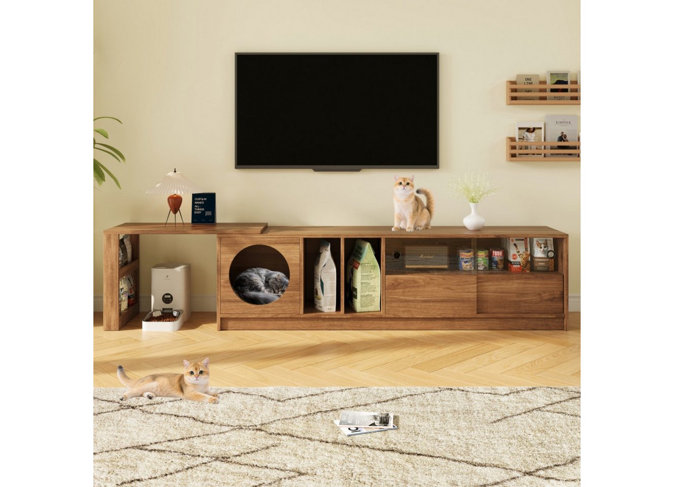 Celya Lowboard Moderner drehbarer Fernsehschrank, mehrzweckig und ausziehbar (ohne Katzenkissen, Nussbaumfarben, 180(80)×40×50 cm), haustiertierfreundlich, stahlverstärkten Glastüren, Katzenruheraum von Celya