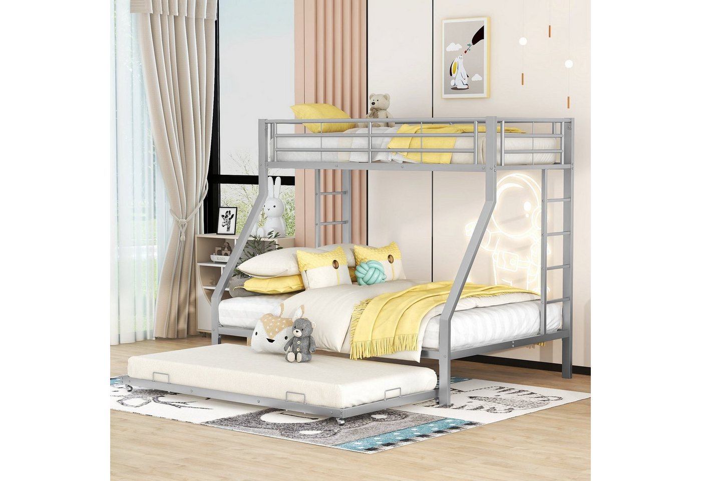 Celya Metallbett Metallbett mit ausziehbarem Bett,mit Leiter auf beiden Seiten, Jugendliche, Erwachsene, einfach zu montieren, 90(140)x200cm von Celya