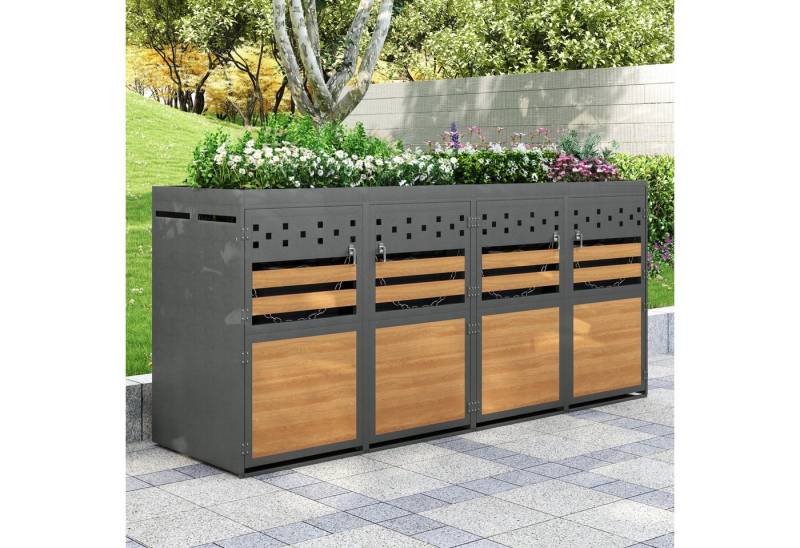 Celya Mülltonnenbox Abschließbar Müllcontainer mit Belüftungslöchern und Pflanzdach (Erweiterungsmöglichkeit,Aufbewahrungsbox für Mülltonnen, Müllbox, mit Pflanzdach, 120-240 Liter, Anthrazit Tür in Holzoptik inkl), fasst 4 Mülltonnenbox mit einem Fassungsvermögen von 120-240 Litern von Celya