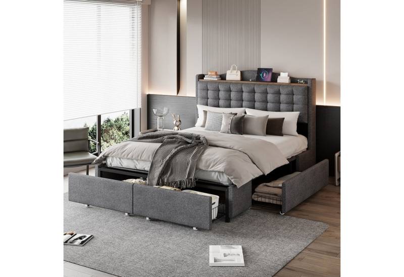 Celya Polsterbett 140*200 cm, Nachttisch mit USB-Ladeanschluss und Ablage (Ohne Matratze, Doppelflachbett mit 4 Schubladen) von Celya