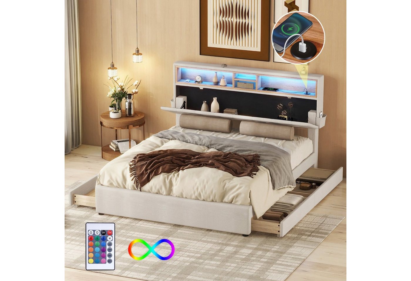 Celya Polsterbett 140 x 200 cm Doppelbett mit USB-Aufladung und LED-Beleuchtung, Funktionsbett mit vier Schubladen, verstellbares Kopfteil von Celya
