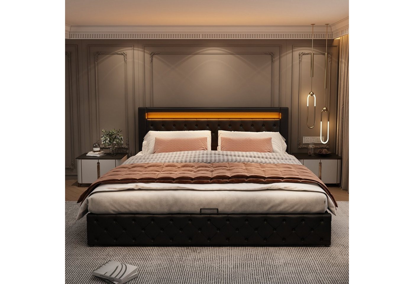 Celya Polsterbett 180 x 200 cm LED Funktionsbett mit flachen Nudeln und Stauraum, Lagerung unter dem Bett, Tufting von Celya