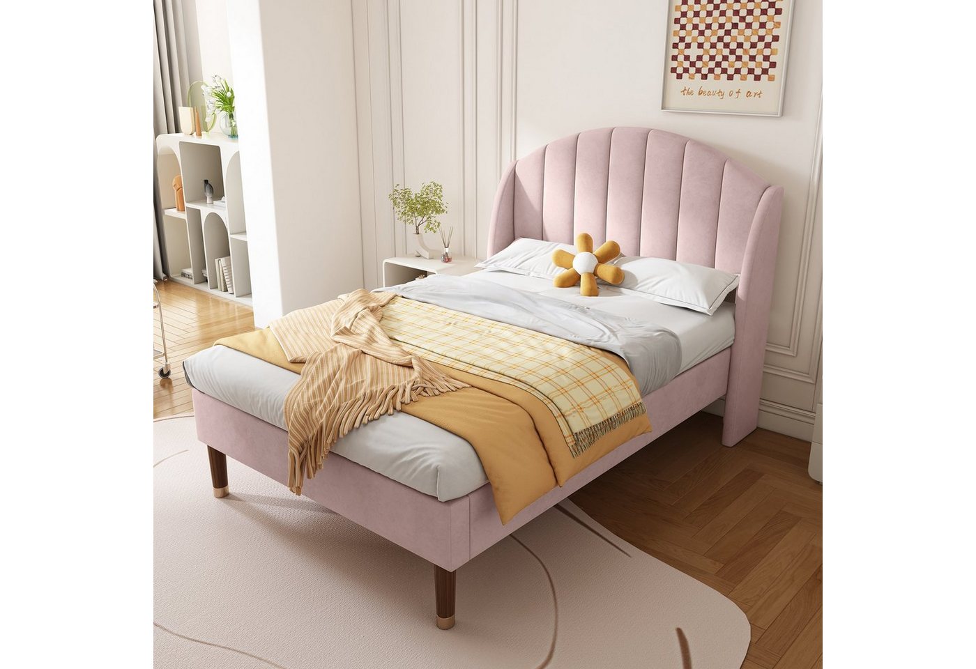 Celya Polsterbett 90x200cm Rosa Samt Bettgestell mit Lattenrost und Kopfteil, Kopfteil in Schalenform, Jugendbett, Einzelbett, Kinderbett von Celya