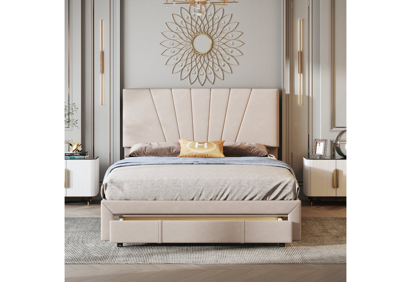 Celya Polsterbett Bettgestell 140x200cm Bett mit Lattenrost, Kopfteil, 1 Schublade, Hautfreundliches Doppelbett aus Samtstoff von Celya