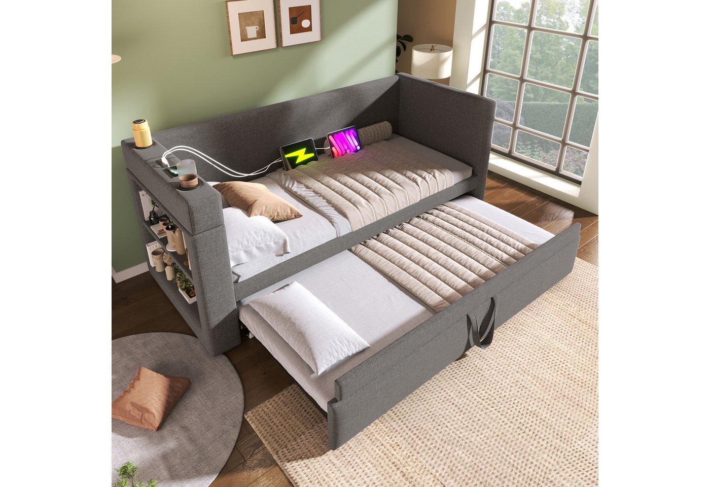 Celya Polsterbett Daybett, Einzelbett Schlafsofa mit Ausziehbett, Leinen-Mischgewebe (90x190cm, ohne Matratze), Armlehnen mit USB- & Type-C-Ladeanschluss und Getränkehalter von Celya