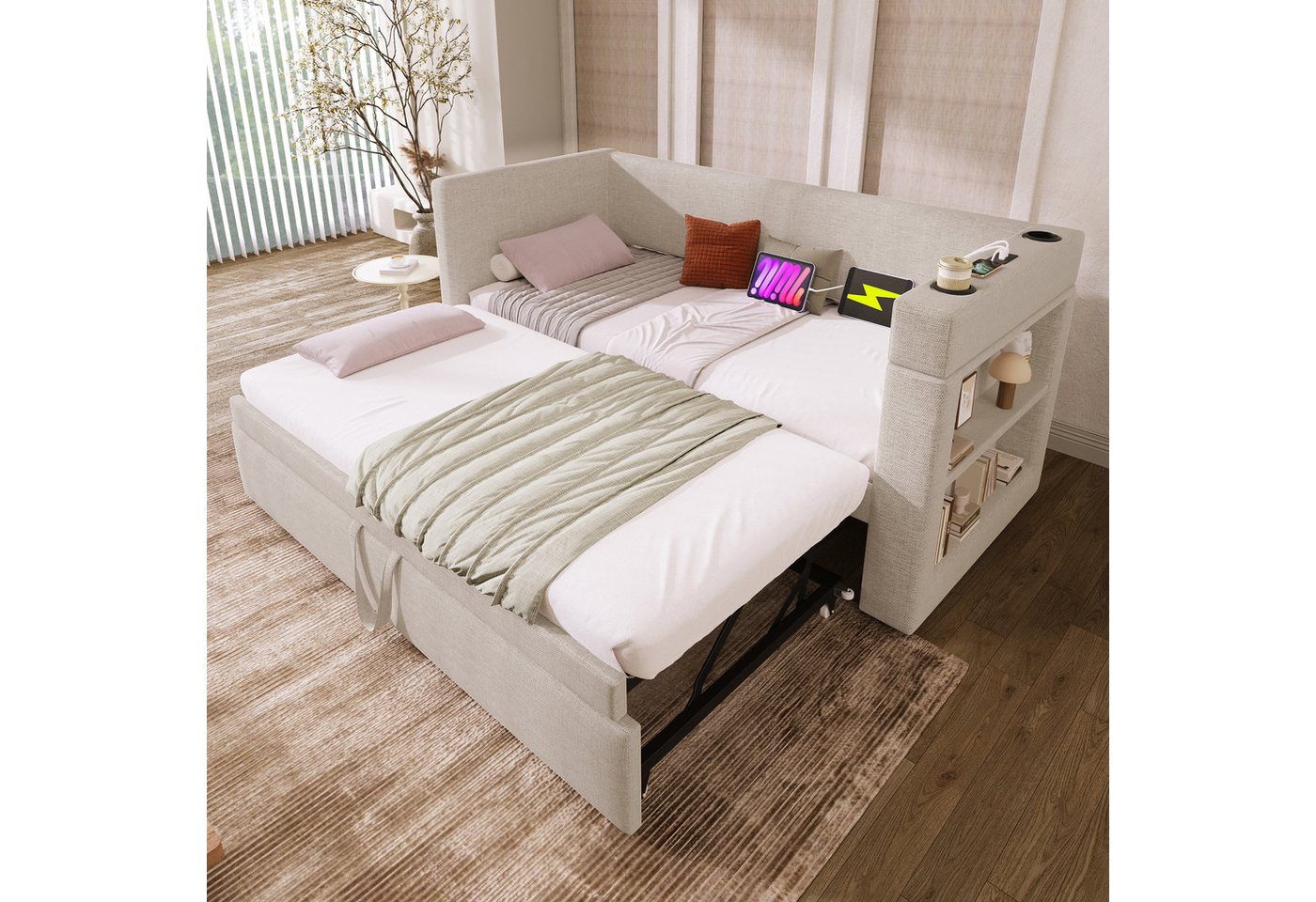 Celya Polsterbett Daybett, Einzelbett Schlafsofa mit Ausziehbett, Leinen-Mischgewebe (90x190cm, ohne Matratze), Armlehnen mit USB- & Type-C-Ladeanschluss und Getränkehalter von Celya