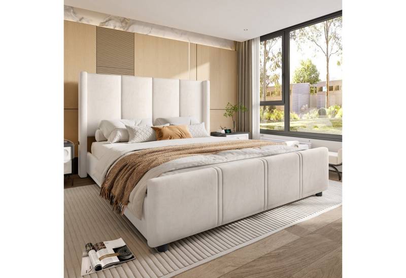 Celya Polsterbett Doppelbett, hohes Kopf- und Fußteil, zertifizierter USB-Anschluss (Ohne Matratze, Kombination aus Eisenrahmen und Holzplatte, stabil und langlebig), 140 x 200 cm stilvoller, moderner Polsterbettrahmen von Celya