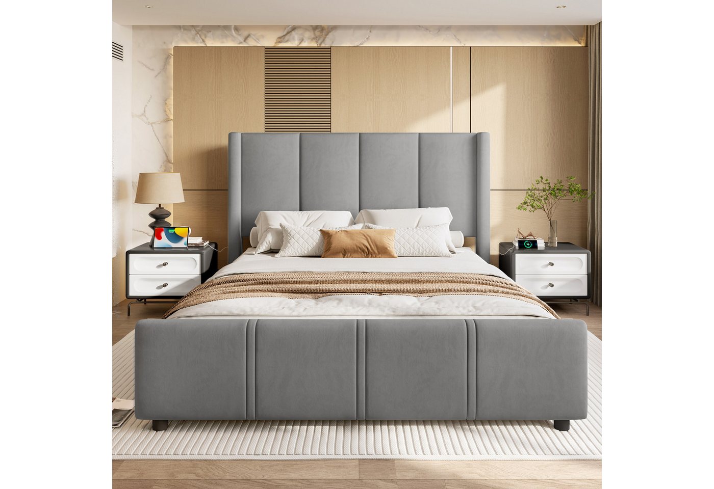 Celya Polsterbett Doppelbett, hohes Kopf- und Fußteil, zertifizierter USB-Anschluss (Ohne Matratze, Kombination aus Eisenrahmen und Holzplatte, stabil und langlebig), 160 x 200 cm stilvoller, moderner Polsterbettrahmen von Celya