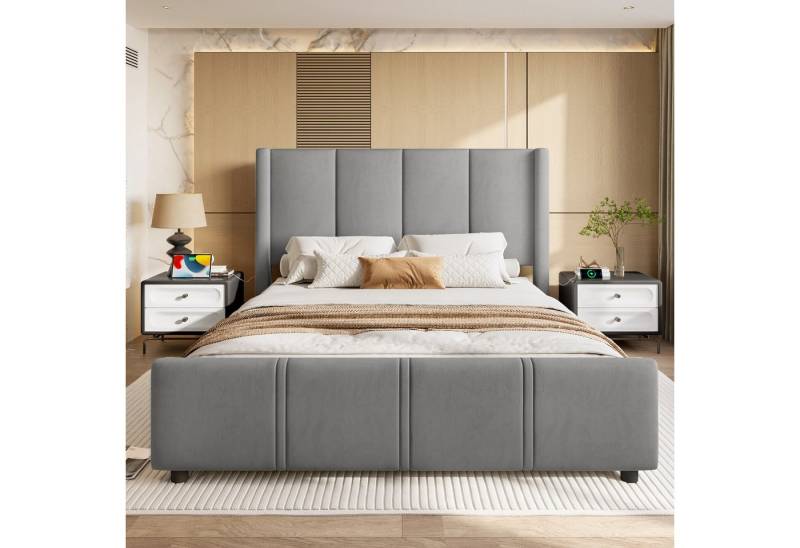 Celya Polsterbett Doppelbett, hohes Kopf- und Fußteil, zertifizierter USB-Anschluss (Ohne Matratze, Kombination aus Eisenrahmen und Holzplatte, stabil und langlebig), 160 x 200 cm stilvoller, moderner Polsterbettrahmen von Celya