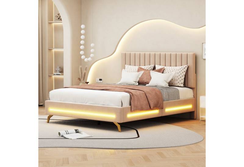 Celya Polsterbett Doppelbett 140 x 200 cm,mit LED-Leuchten, für Erwachsene und Jugendliche, Samtstoff von Celya