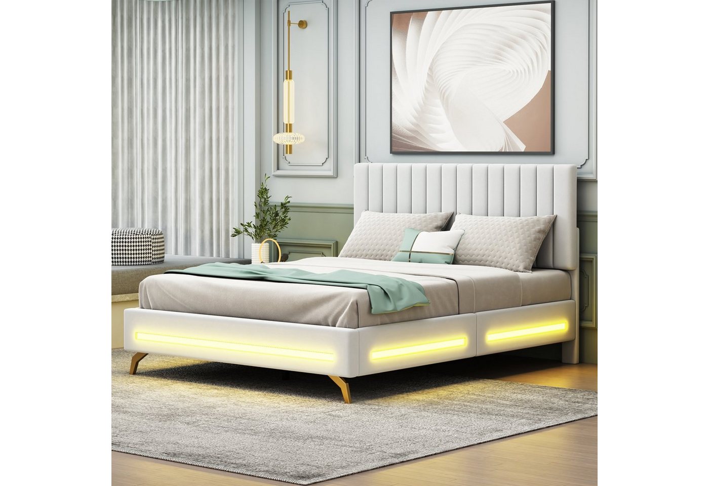 Celya Polsterbett Doppelbett 140 x 200 cm,mit LED-Leuchten, für Erwachsene und Jugendliche, Samtstoff von Celya