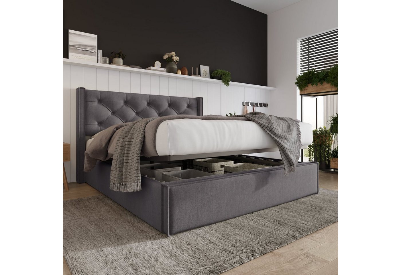 Celya Polsterbett Doppelbett 140x200cm Bett mit Lattenrost aus Metallrahmen, Modernes Bettgestell mit Stauraum, Baumwolle von Celya