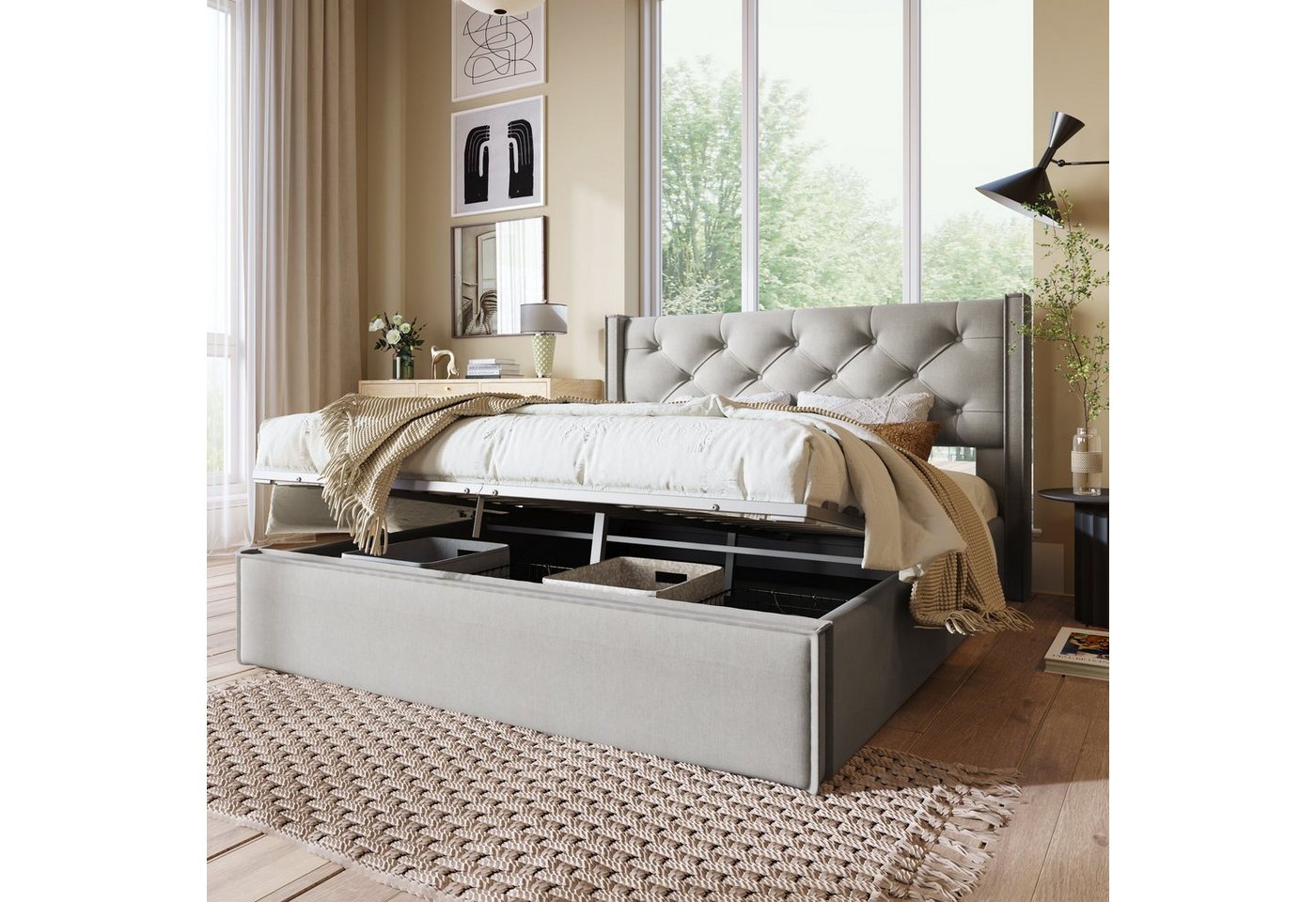 Celya Polsterbett Doppelbett 160x200cm Bettgestell mit Stauraum, Bett mit Lattenrost aus Metallrahmen, Baumwolle von Celya