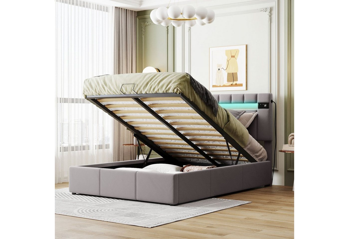 Celya Polsterbett Doppelbett Bettgestell 140x200 mit LED-Lichtleiste, Bluetooth-Player und USB-Aufladung, Bettkasten und Lattenrost von Celya