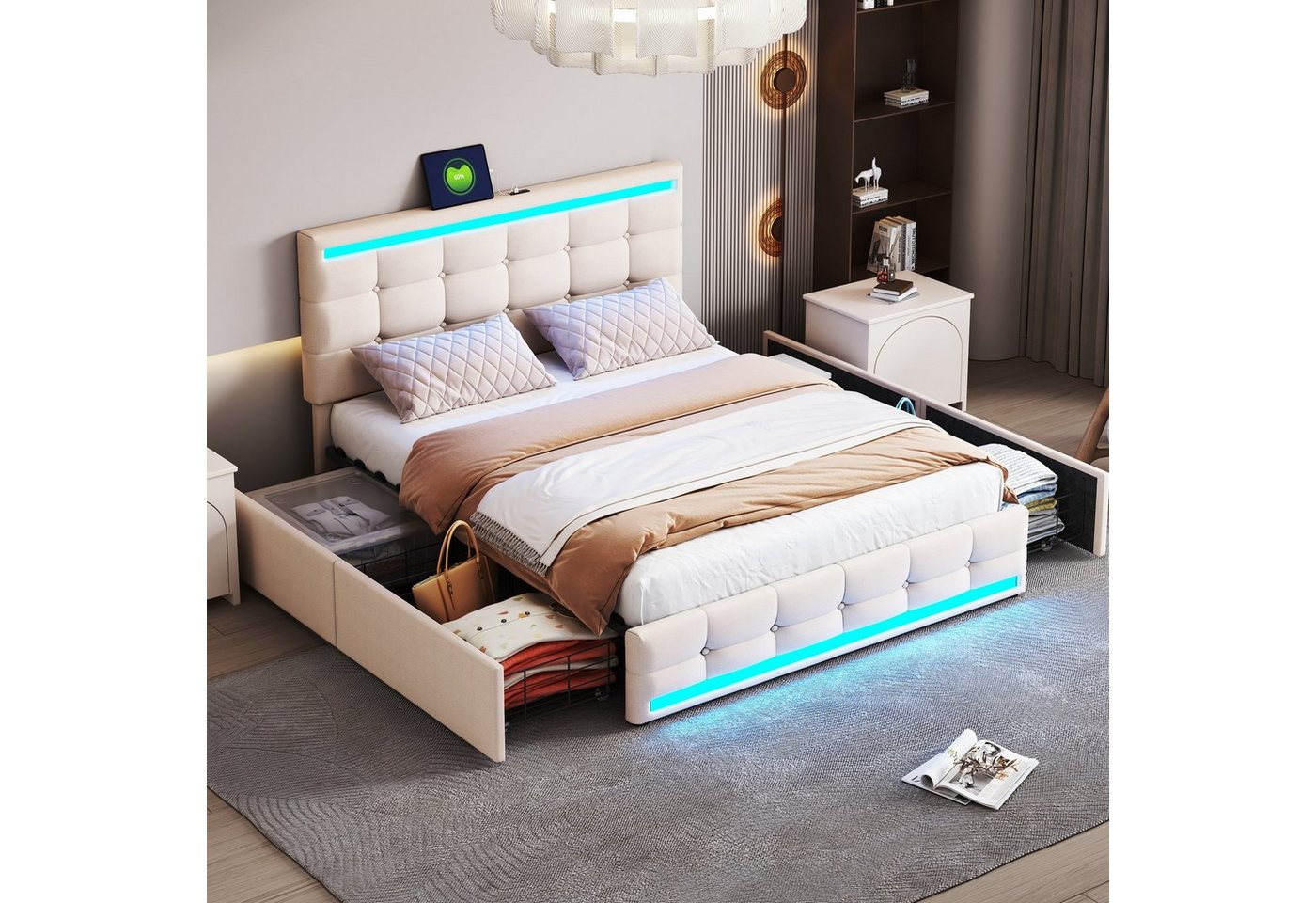 Celya Polsterbett Doppelbett Bettgestell 140x200cm, LED-Bettgestell mit 4 Schubladen und 2 USB-Ladestationen, Bettrahmen mit LED-Leuchten Kopfteil Trittteil, Gepolstertes Plattformbett mit Stauraum von Celya