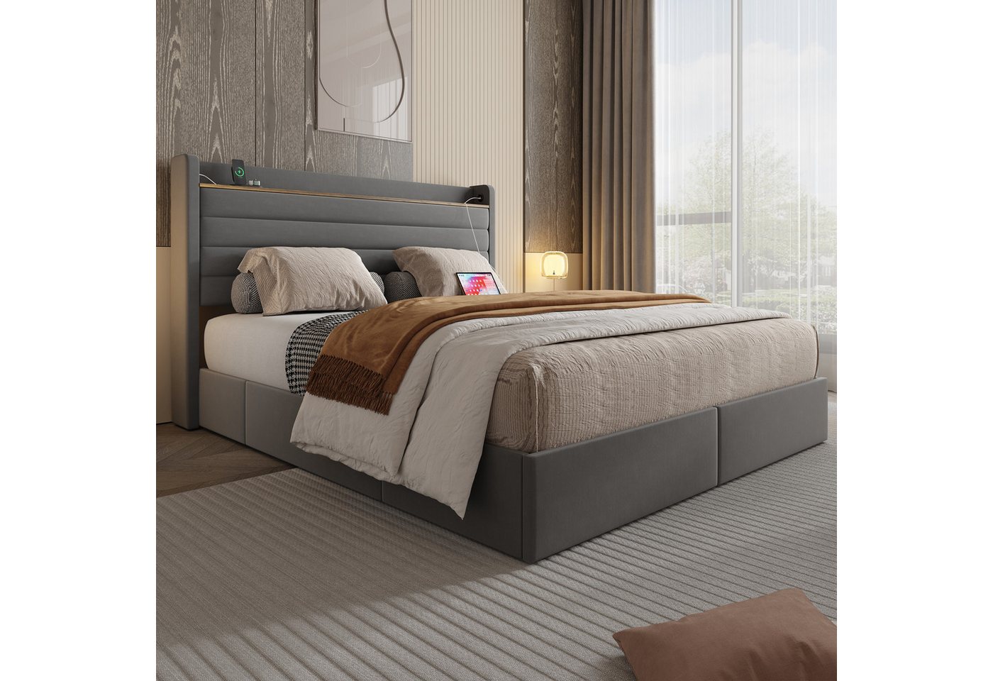 Celya Polsterbett Doppelbett Kopfteil Mit Usb-Anschluss, Aufbewahrungsfunktion (4 Schubladen An Der Unterseite Des Bettgestells, Ohne Matratze, Mit Samt Gepolstertes Bettgestell), 140 x 200 Cm Großes, Modernes Bettgestell von Celya