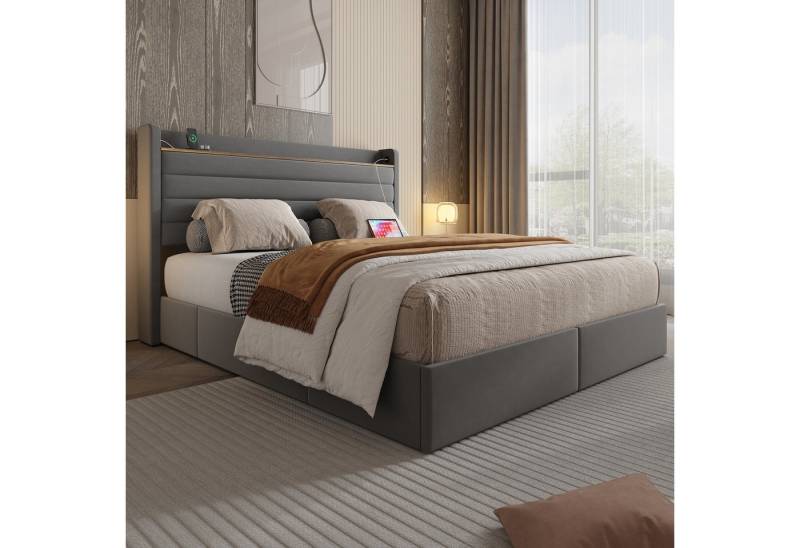 Celya Polsterbett Doppelbett Kopfteil Mit Usb-Anschluss, Aufbewahrungsfunktion (4 Schubladen An Der Unterseite Des Bettgestells, Ohne Matratze, Mit Samt Gepolstertes Bettgestell), 140 x 200 Cm Großes, Modernes Bettgestell von Celya