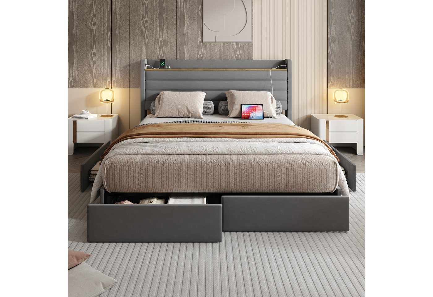 Celya Polsterbett Doppelbett Kopfteil Mit Usb-Anschluss, Aufbewahrungsfunktion (4 Schubladen An Der Unterseite Des Bettgestells, Ohne Matratze, Mit Samt Gepolstertes Bettgestell), 160 x 200 Cm Großes, Modernes Bettgestell von Celya