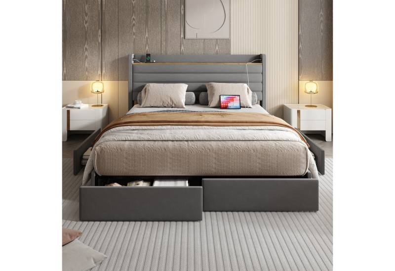 Celya Polsterbett Doppelbett Kopfteil Mit Usb-Anschluss, Aufbewahrungsfunktion (4 Schubladen An Der Unterseite Des Bettgestells, Ohne Matratze, Mit Samt Gepolstertes Bettgestell), 160 x 200 Cm Großes, Modernes Bettgestell von Celya
