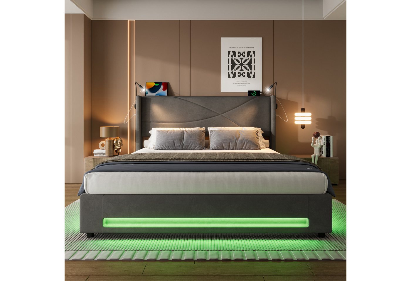 Celya Polsterbett Doppelbett mit 2 Leselichtern, LED-Lichtleisten (USB-Anschlüssen und hoher Belastbarkeit, Ohne Matratze, hydraulischem Stauraum, stabiler Lattenrostkonstruktion), 160 x 200cm Modernes Bettgestell im modernen Design von Celya