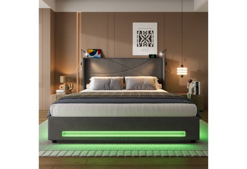 Celya Polsterbett Doppelbett mit 2 Leselichtern, LED-Lichtleisten (USB-Anschlüssen und hoher Belastbarkeit, Ohne Matratze, hydraulischem Stauraum, stabiler Lattenrostkonstruktion), 160 x 200cm Modernes Bettgestell im modernen Design von Celya