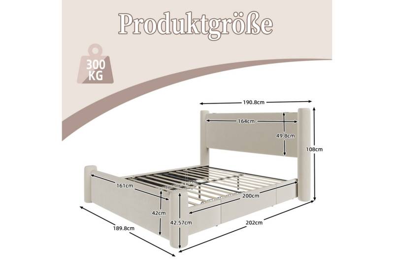 Celya Polsterbett Doppelbett mit 2 Stauraumschubladen und integrierte USB-Anschlüsse (Ohne Matratze, 3D-Säulen-Design, dick gepolsterte Kopfteil), 160x200 cm Bettgestell mit modernem Design von Celya