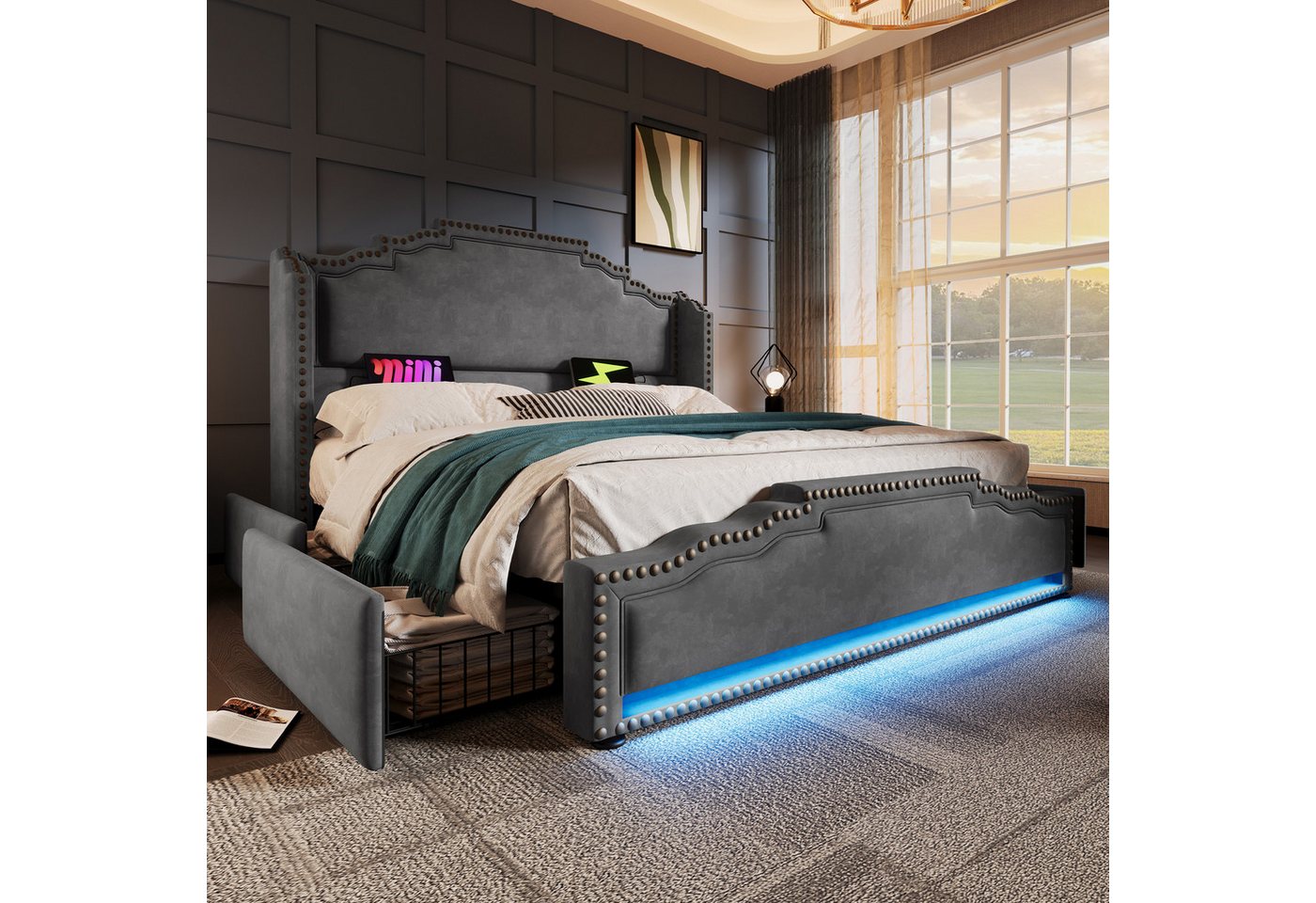 Celya Polsterbett Doppelbett mit 4 Schubladen, LED-Beleuchtung und USB-C-Ladeanschluss (Samt, ohne Matratze), 160×200cm, Stauraumbett und Jugendbett mit Lattenrost von Celya