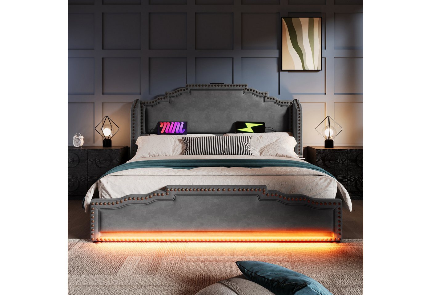 Celya Polsterbett Doppelbett mit 4 Schubladen, LED-Beleuchtung und USB-C-Ladeanschluss (Samt, ohne Matratze), 180×200cm, Stauraumbett und Jugendbett mit Lattenrost von Celya