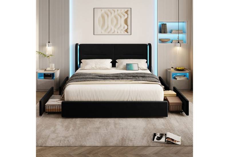 Celya Polsterbett Doppelbett mit LED-Beleuchtung im Kopfteil (USB-Dual-Anschlüssen und eleganten Bettflügeln für zusätzlichen, Ohne Matratze, 4 praktischen Aufbewahrungsschubladen, dicker Polsterung), Modernes 160 x 200 cm Bettgestell von Celya