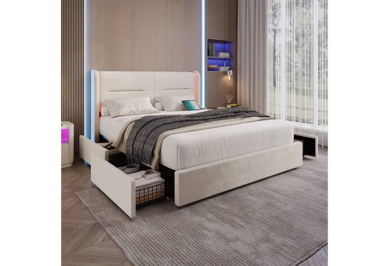 Celya Polsterbett Doppelbett mit LED-Beleuchtung im Kopfteil (USB-Dual-Anschlüssen und eleganten Bettflügeln für zusätzlichen, Ohne Matratze, 4 praktischen Aufbewahrungsschubladen, dicker Polsterung), Modernes 140 x 200 cm Bettgestell von Celya