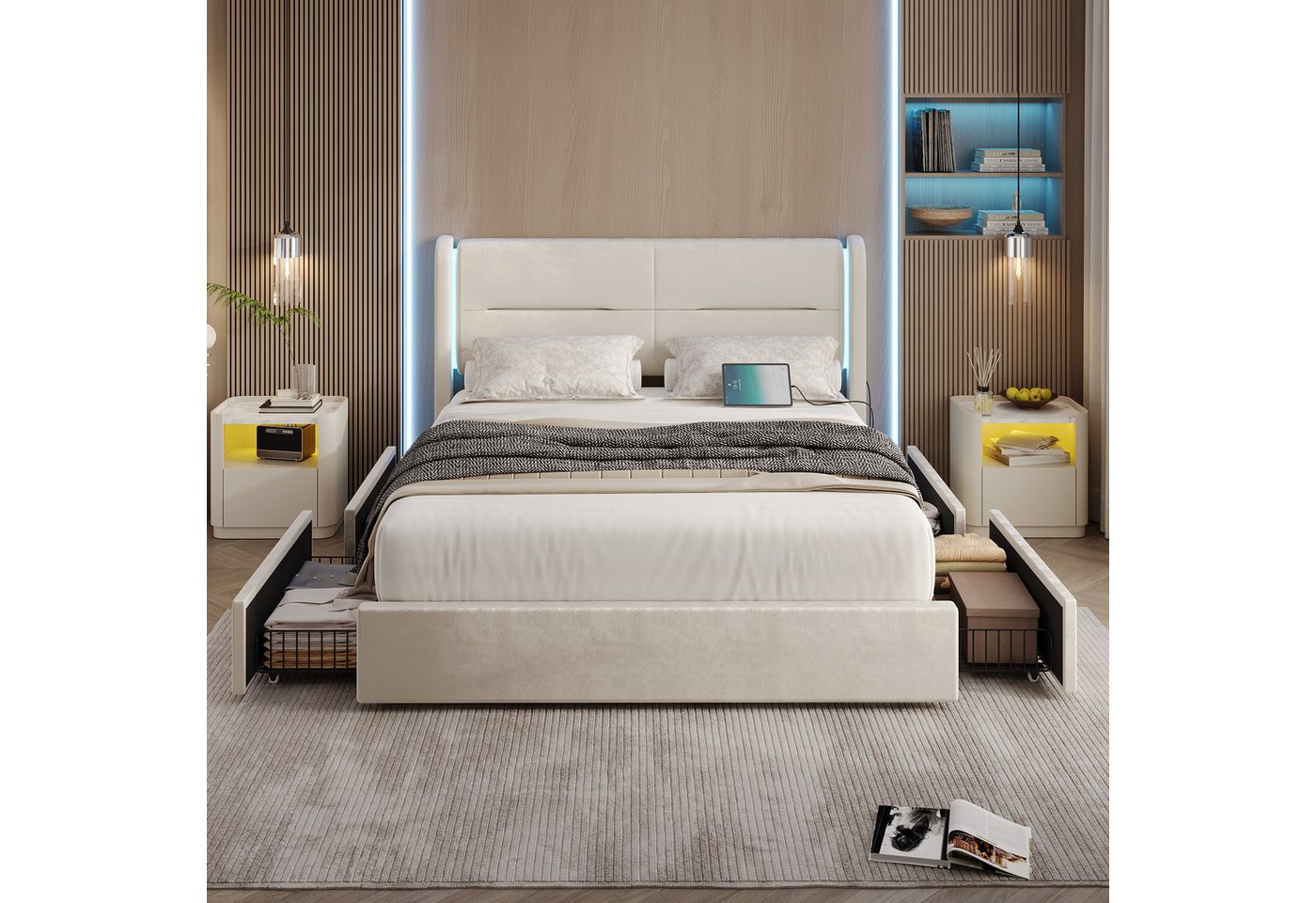Celya Polsterbett Doppelbett mit LED-Beleuchtung im Kopfteil (USB-Dual-Anschlüssen und eleganten Bettflügeln für zusätzlichen, Ohne Matratze, 4 praktischen Aufbewahrungsschubladen, dicker Polsterung), Modernes 160 x 200 cm Bettgestell von Celya